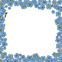 A blue frame with flowers for card or invite. Spring forget me not floral background