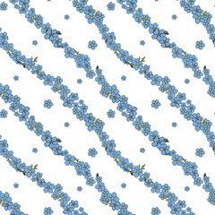 A blue and white floral pattern with a white background The blue forget me not flowers are arranged in a striped pattern