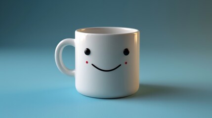 White coffee mug with a happy face on a blue background, cheerful design concept