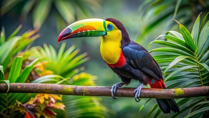 Obraz premium Vibrant yellow-throated toucan perched on a lush green branch, showcasing its brightly colored beak and plumage in a tropical rainforest environment.