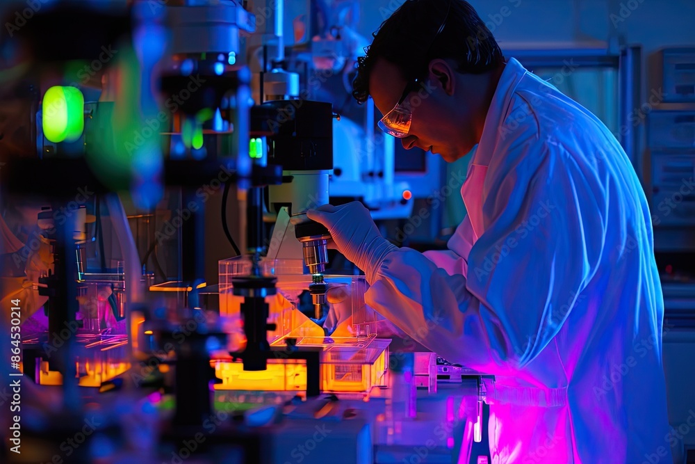 Aufkleber a man in a lab coat is looking at a microscope, study the principles of spectroscopy