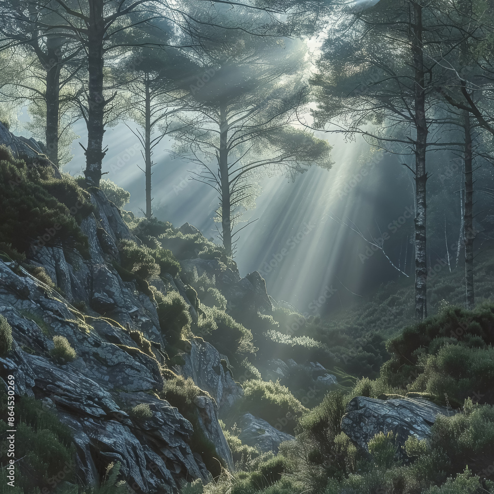 Poster a forest with a rocky hillside and a stream running through it. the sunlight is shining through the 
