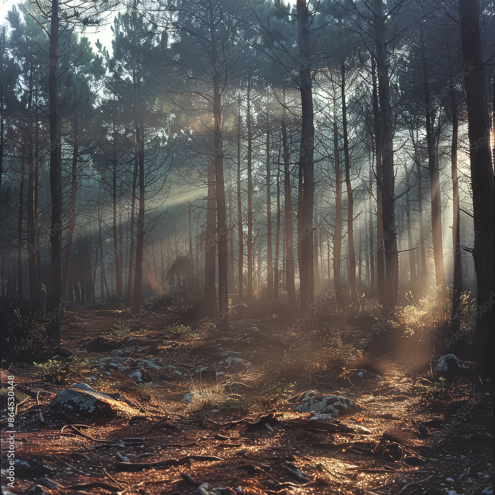 Poster a forest with trees and rocks. the sun is shining through the trees, creating a warm and peaceful at