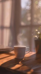 Steaming coffee cup on a wooden table by a window with soft morning sunlight, cozy and calm atmosphere