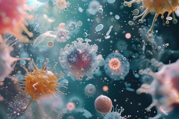 a group of cells floating in a body of water, View from the microscope of various viruses