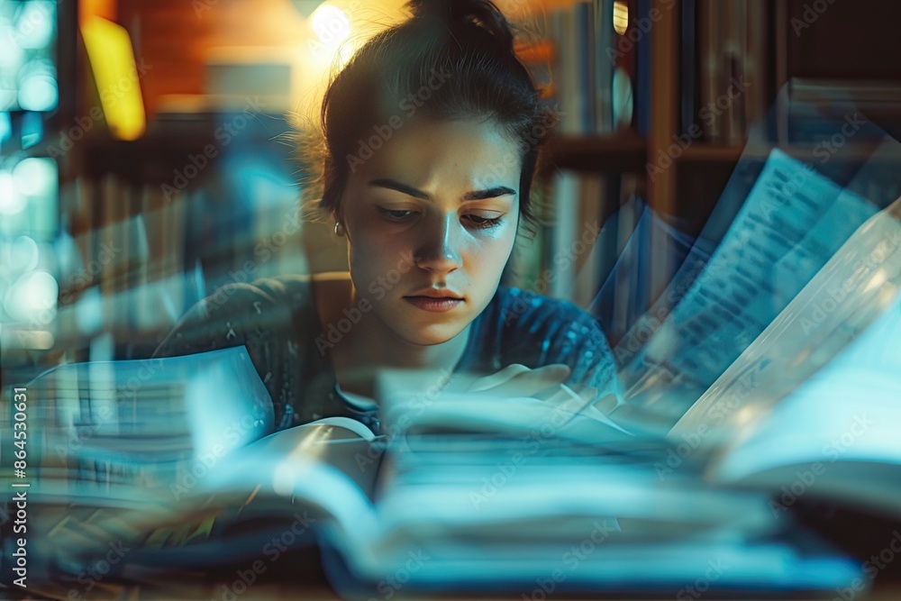 Poster a woman reading a book in a library, zoom in on a compelling scene of a focused student surrounded b