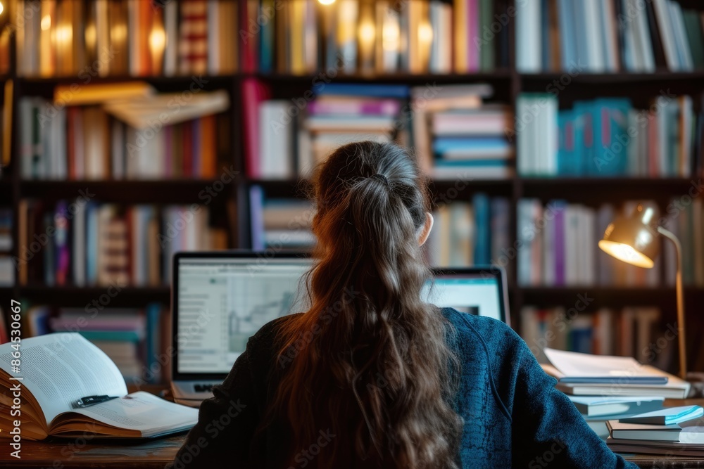 Poster a woman reading a book in a library, zoom in on a compelling scene of a focused student surrounded b