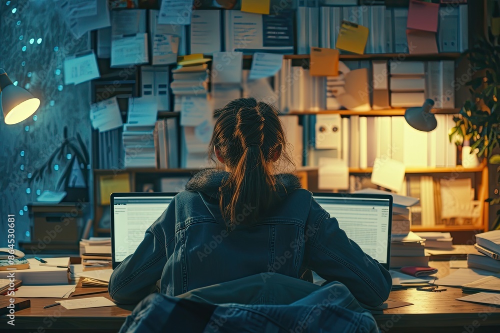 Poster a woman reading a book in a library, zoom in on a compelling scene of a focused student surrounded b