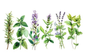 a painting of herbs and spices on a table, Watercolor of herbs and plants used in traditional medicine
