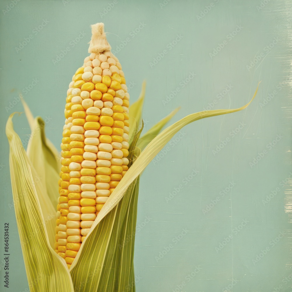Poster a conceptual image of corn on the cob with digital enhancements, perfect for a summer banner with am