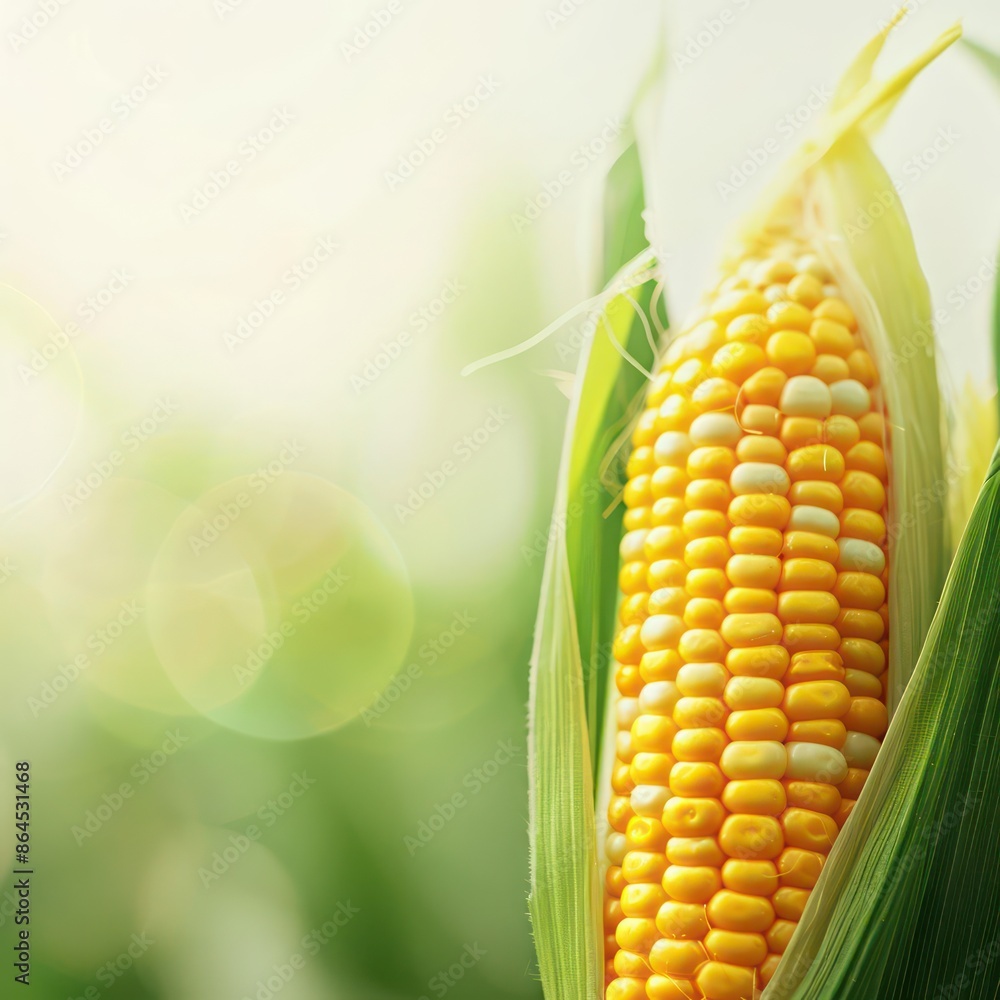 Poster a conceptual image of corn on the cob with digital enhancements, perfect for a summer banner with am