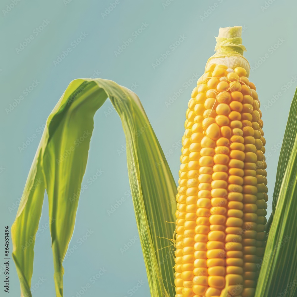 Poster a conceptual image of corn on the cob with digital enhancements, perfect for a summer banner with am