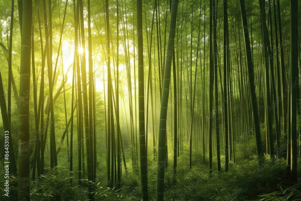 Poster a forest with a sun shining through the trees, dense bamboo forest with dappled sunlight filtering through