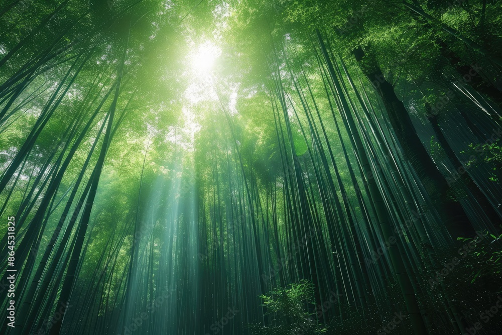 Poster a forest with a sun shining through the trees, dense bamboo forest with dappled sunlight filtering t