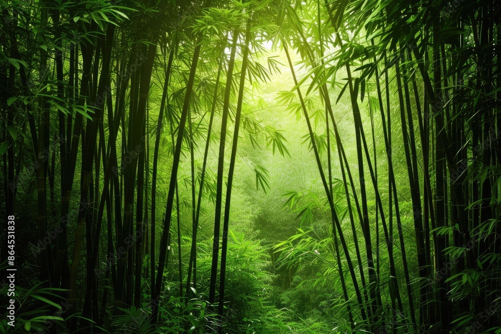 Poster a forest with a sun shining through the trees, dense bamboo forest with dappled sunlight filtering t