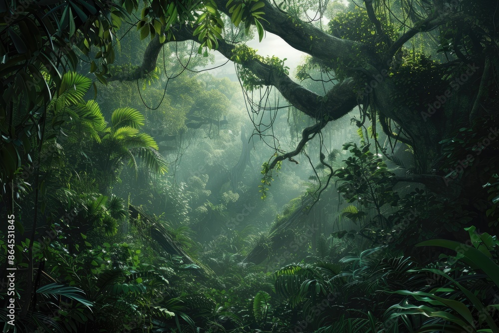 Poster a forest with a tree in the middle, dense jungle with towering trees and winding vines