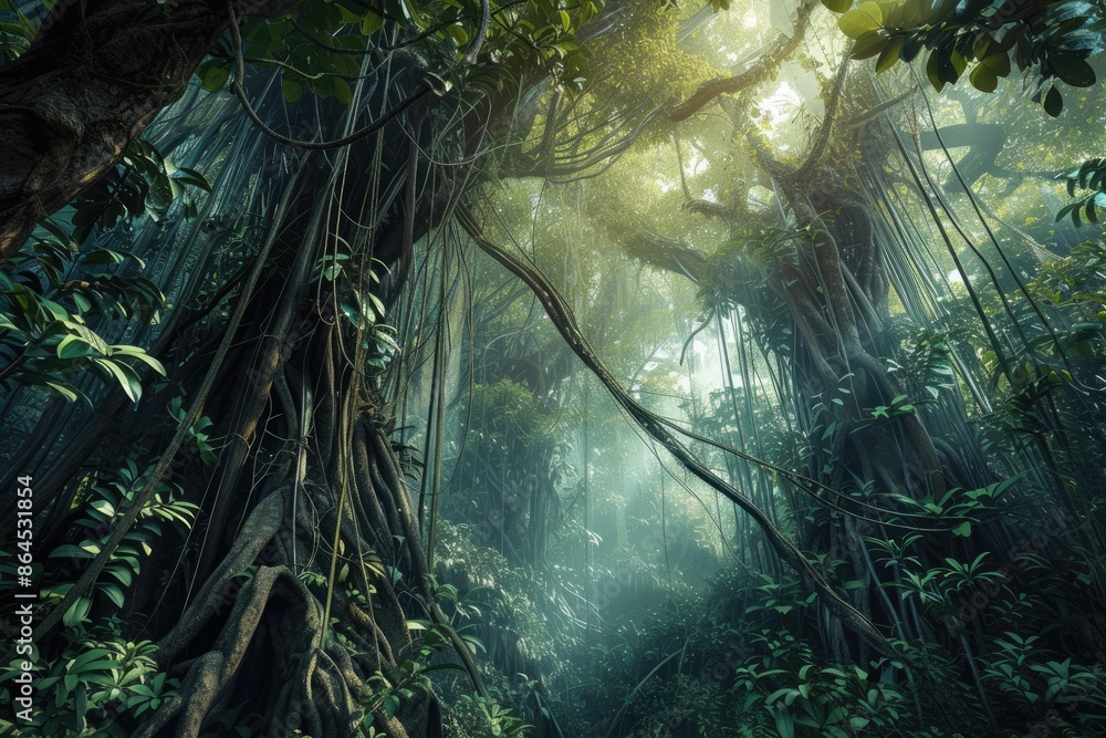 Poster a forest with a tree in the middle, dense jungle with towering trees and winding vines