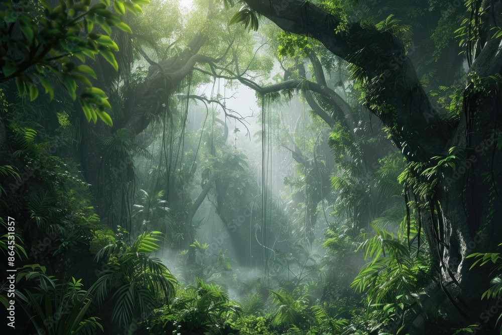 Poster a forest with a tree in the middle, dense jungle with towering trees and winding vines