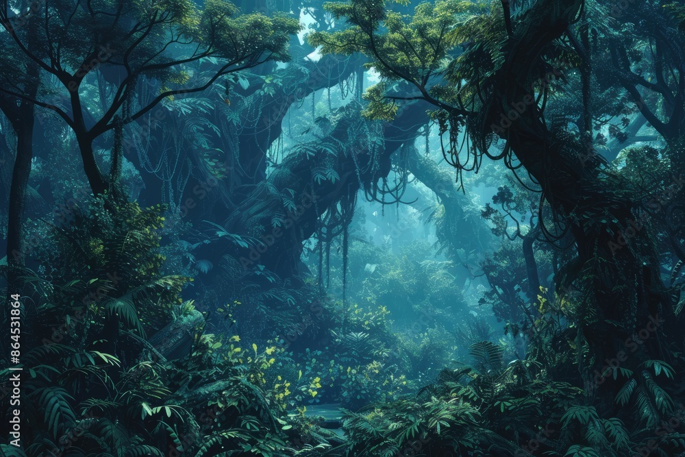 Poster a forest with a tree in the middle, dense jungle with towering trees and winding vines