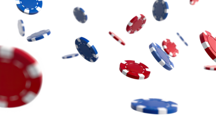 Casino chips falling in the air, cut out