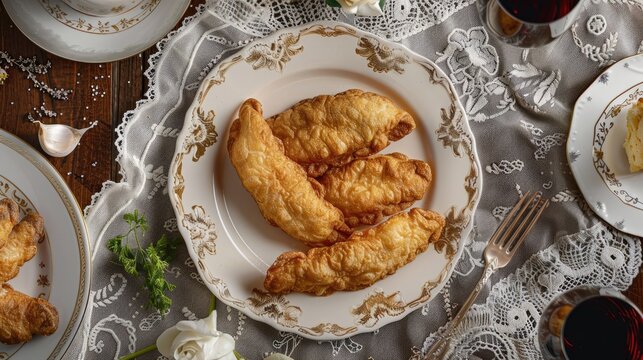Traditional fried Turkish pisi halka on table with lace tablecloth top view