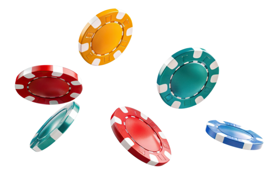 Colorful casino chips falling in the air, cut out