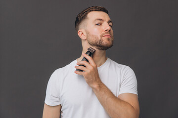 Beard hair trimmer, portrait or happy man with bathroom routine, grooming for shaving skincare....