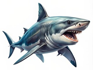 Obraz premium Aggressive predator shark with sharp teeth and fins, swimming in motion, isolated on a pure white background, beautifully crafted as a stunning vector illustration.