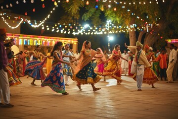 a group of people dancing in a courtyard, lively scene of Navratri celebrations with people dressed in traditional attire performing the Garba dance