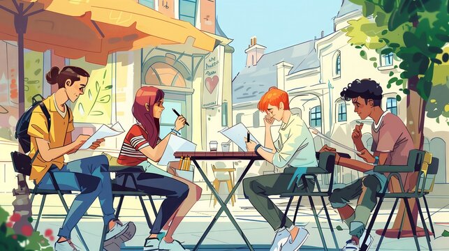 Young illustrators sketch local landmarks at an outdoor caf&eacute;, capturing the city's essence and sharing ideas.
