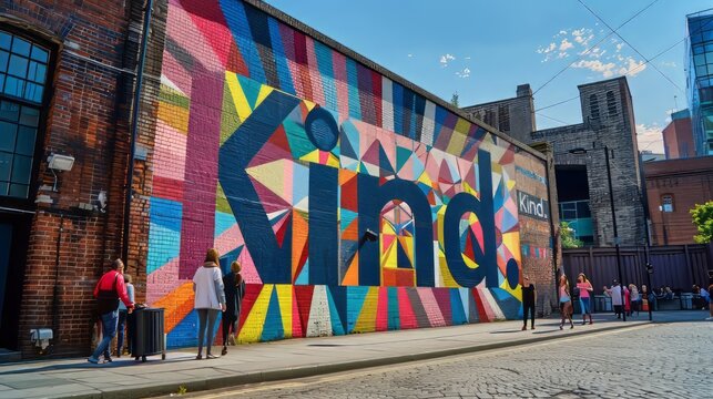 Kind word is written in big letters on the brick wall in city