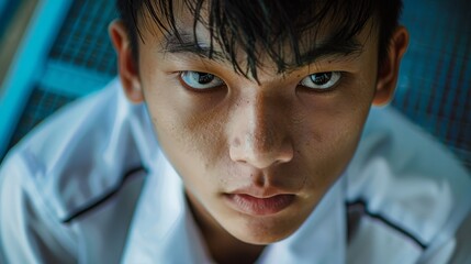 portrait of 17 year old asian boy wearing school uniform