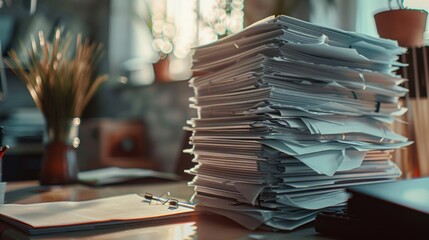 tall stack of research papers on a desk, bright blurry office 