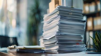 tall stack of research papers on a desk, bright blurry office 