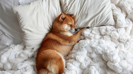 top view of a red dog sleeping soundly on a snow-white bed