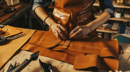 woman working with leather in workshop, making high quality leather goods