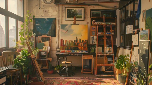 An avant-garde painter masterfully captures city life's essence in a cozy studio.