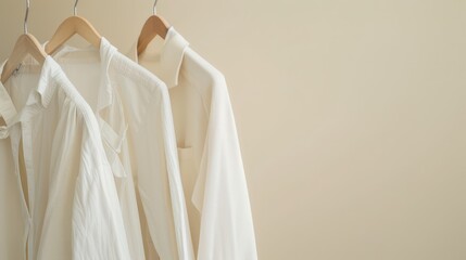 Two white garments on wooden hangers, beige background, concept of fashion display