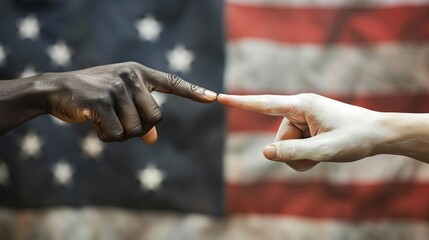 a black hand pulls a finger towards a white-skinned finger on a against the backdrop of the U.S. flag
