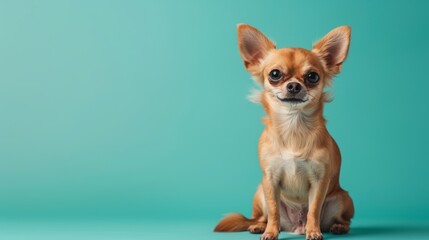 A cute Chihuahua sitting on a solid pastel mint background