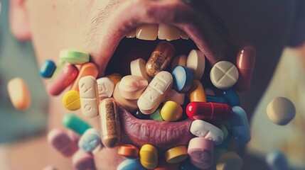 a person taking very many suppements in their mouth