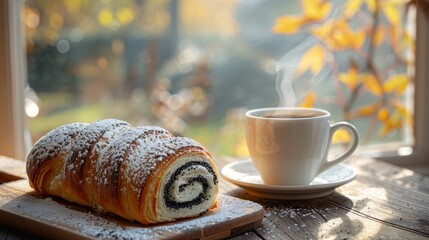 a poppy seed Easter roll adorned with a light dusting of powdered sugar the pastry sitting next to a cup of steaming coffee with a blurred garden 