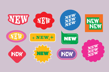 New label pack. Y2K symbols. Retro circle brand icons. Sale tags. Creative arrival trendy shapes. 90s color stamps. Store sticky patches. Vector product sale marks set