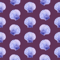 Marine seamless pattern animals, blue seashell, mollusk, shells. Watercolor illustration underwater background On purple. Summer vibes. Sea bottom. For fabric, wrapping paper, wallpaper print decor