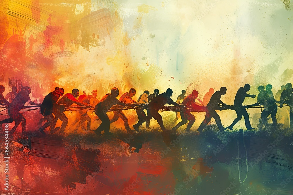 Aufkleber a painting of a group of people pulling a rope, abstract portrayal of a team building activity invol