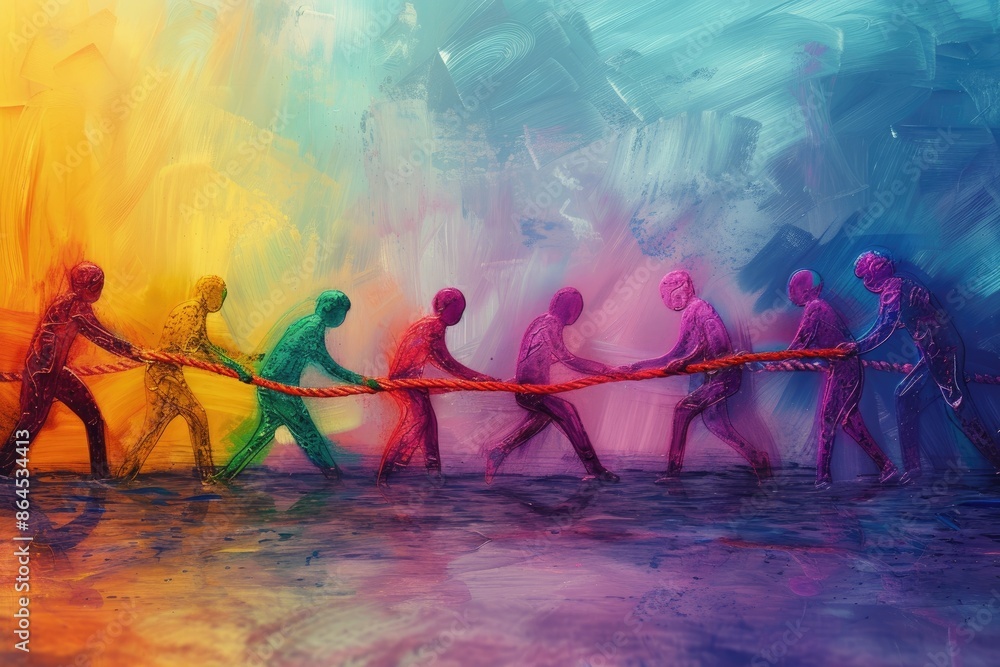 Aufkleber a painting of a group of people pulling a rope, abstract portrayal of a team building activity invol