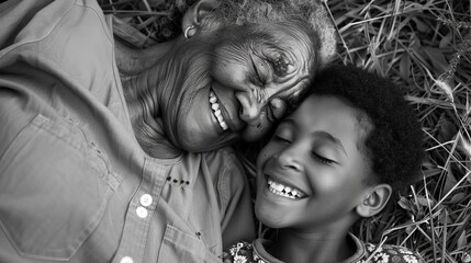 black and white photo of a happy dark-skinned grandmother and grandchild