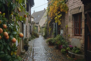 a cobblestone street with a stone path between two buildings, narrow cobblestone street in a sleepy European village