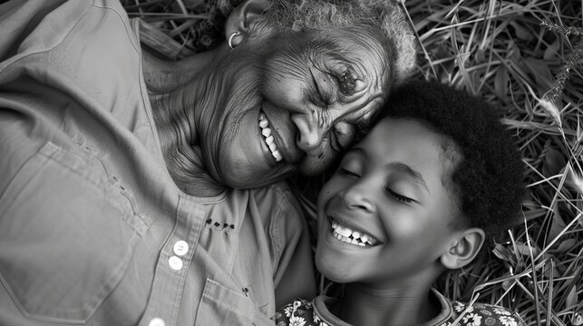 Fototapeta black and white photo of a happy dark-skinned grandmother and grandchild