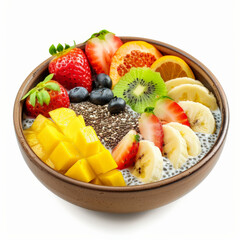 A bowl of chia pudding with coconut milk and tropical fruits, isolated on white background